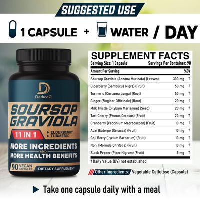 Soursop Graviola Capsules - 3 Months Supply - 9450mg Per Serving - 11 Herbs Elderberry, Turmeric Curcumin, Ginger Root, Milk Thistle - Mood, Mind, Body & Immune Support - 90 Vegan Capsules