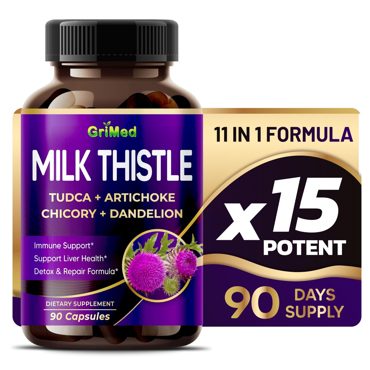 GriMed 19400mg 50x Concentrated Extract TUDCA Milk Thistle - Ultra Liver Support Supplement with Artichoke, Beet Root, Berberine, Chicory, Dandelion, Ginger Turmeric 90 Count Pack of 1