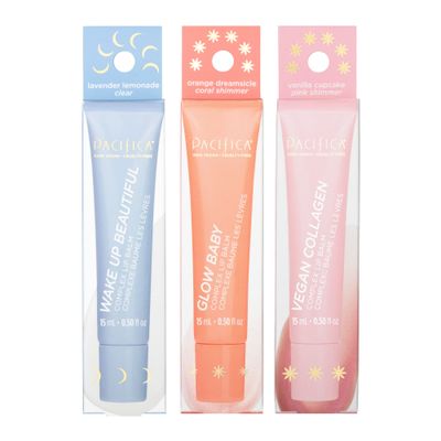 Pacifica Hydrating Lip Balm Gift Set - Flavored Lip Balm Glow Baby Tangerine, Wake Up Beautiful Lavender Lemon &amp; Vegan Collagen Vanilla Trio, 3-Pack