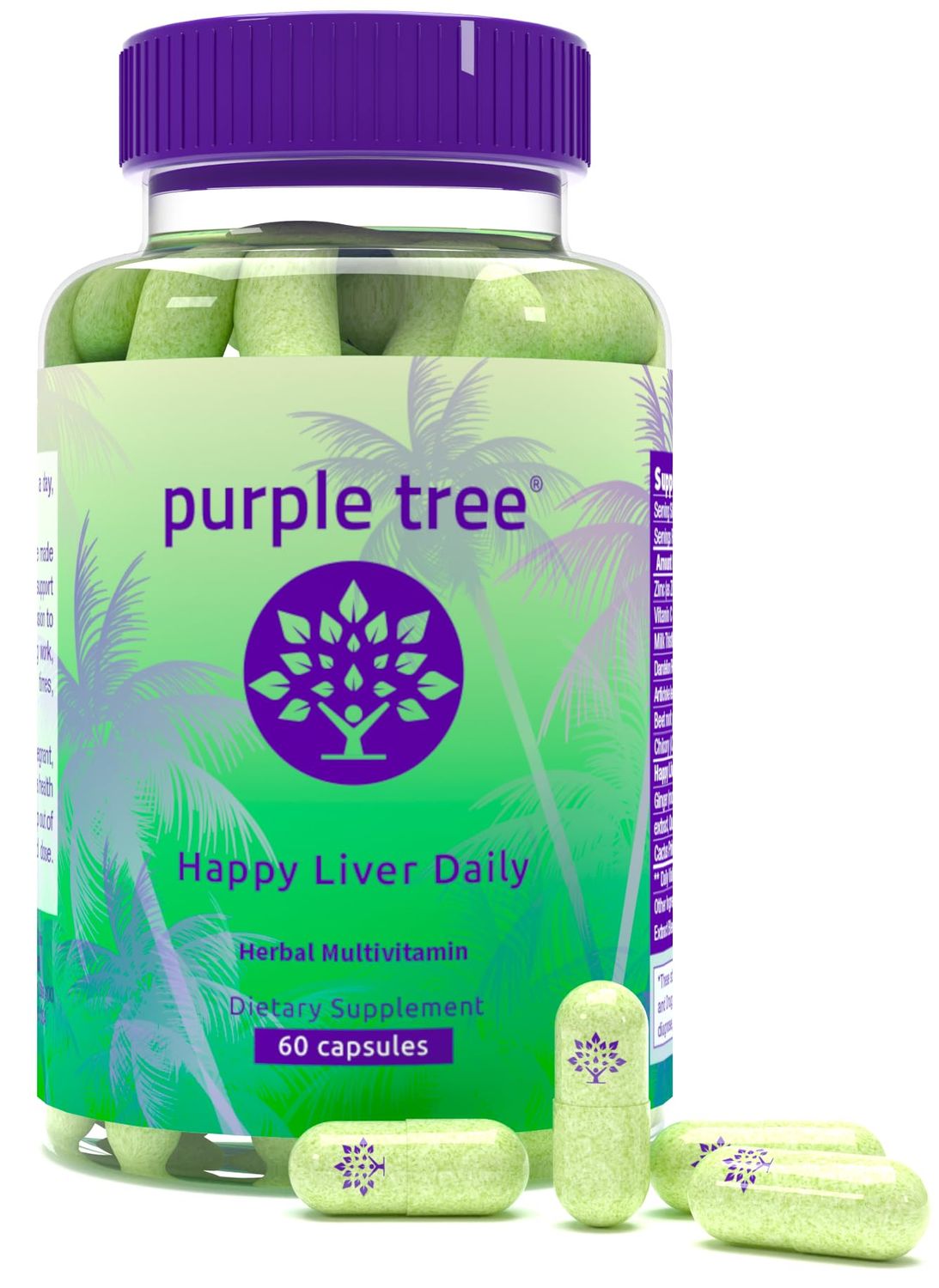 purple tree Happy Liver Daily Liver Support &amp; Cleanse with Milk Thistle 80 Silymarin, Dandelion Root, Artichoke Leaf, Vine Tea DHM, Vitamins &amp; More - 60 Liver Detox Veggie Pills
