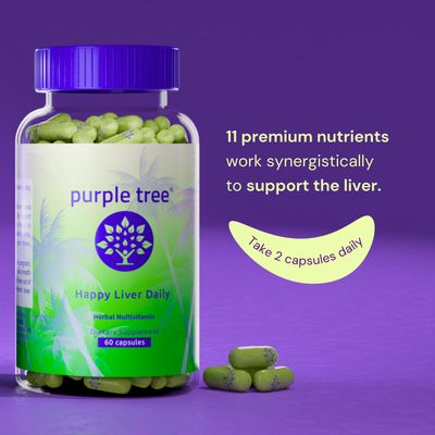 purple tree Happy Liver Daily Liver Support & Cleanse with Milk Thistle 80 Silymarin, Dandelion Root, Artichoke Leaf, Vine Tea DHM, Vitamins & More - 60 Liver Detox Veggie Pills