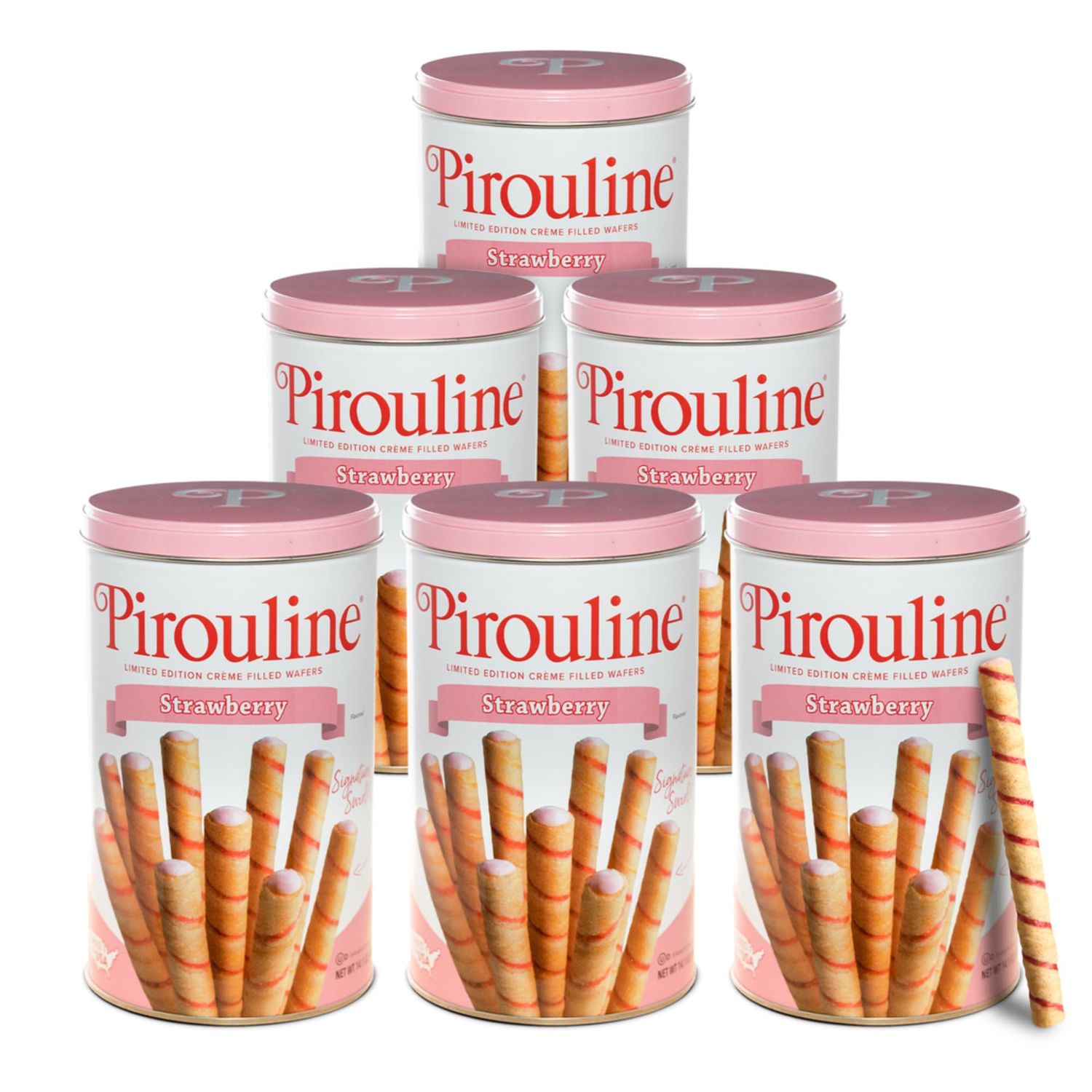 Pirouline Rolled Wafers - Strawberry - Rolled Wafer Sticks, Creme Filled Wafers, Rolled Cookies for Coffee, Tea, Ice Cream, Snacks, Parties, Gifts, and More - 14.1oz Tin 6 Pack