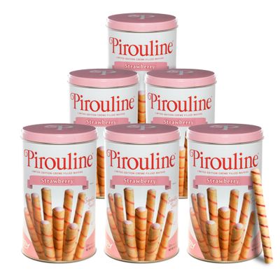 Pirouline Rolled Wafers - Strawberry - Rolled Wafer Sticks, Creme Filled Wafers, Rolled Cookies for Coffee, Tea, Ice Cream, Snacks, Parties, Gifts, and More - 14.1oz Tin 6 Pack