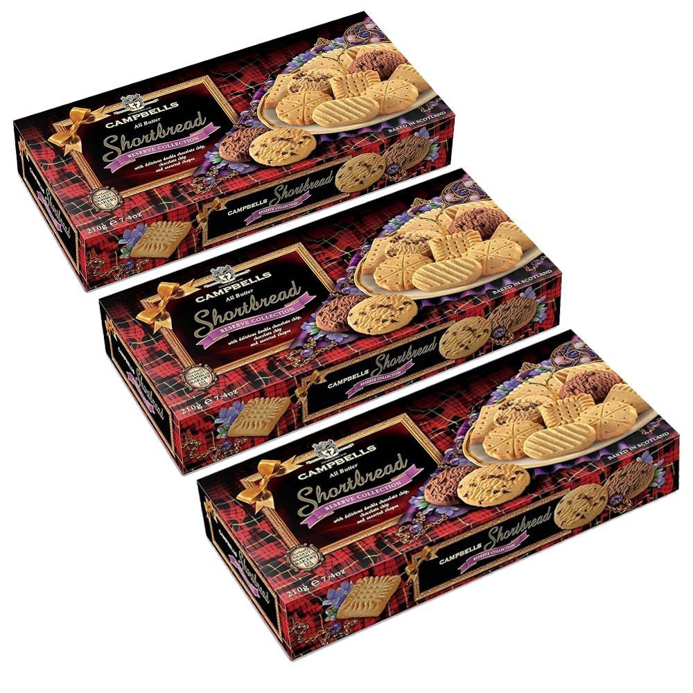 Campbells Shortbread Reserve Collection All Butter Cookies Buttery Shortbread with Double Chocolate Chips &amp; Assorted Shapes Delicious British Assortment Gift Box 7.41 Oz Pack of 3
