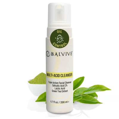 BALVIVE Foaming Facial Cleanser with Salicylic Acid, Glycolic Acid &amp; Lactic Acid &amp; Green Tea Extract- Face Wash for Acne, Oily &amp; Sensitive Skin - Makeup Remover &amp; Pore-Cleansing Skincare 6.7 fl oz