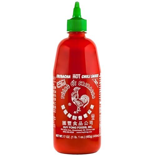 The Original Huy Fong Sriracha, 17 OZ Rooster Sriracha Chili Sauce, Spicy Flavor Hot Sauce WChili Pepper, Low Carb Classic Cook Sriracha Chili Paste for Hotdogs Eggs Burgers Soups Tacos, 1-Pack