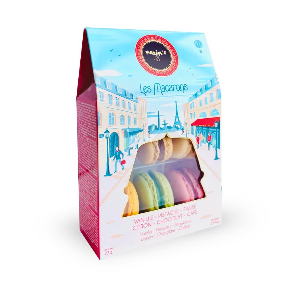 Maxim&#39;s De Paris - Macaron Gift Box, Gift box, 6 French Macarons Cookies, Strawberry, Vanilla, Coffee, Pistachio, Lemon, Chocololate.