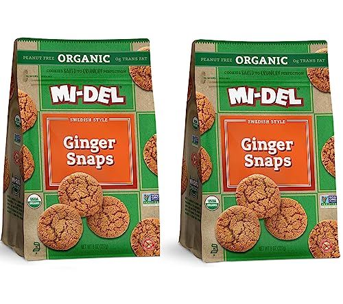 Mi-Del Organic Ginger Snaps Cookies, 8oz, 2 Pack, Authentic Ginger Flavor, Non-GMO, 0g Trans Fat, Healthy Snack, Kosher, Peanut-Free