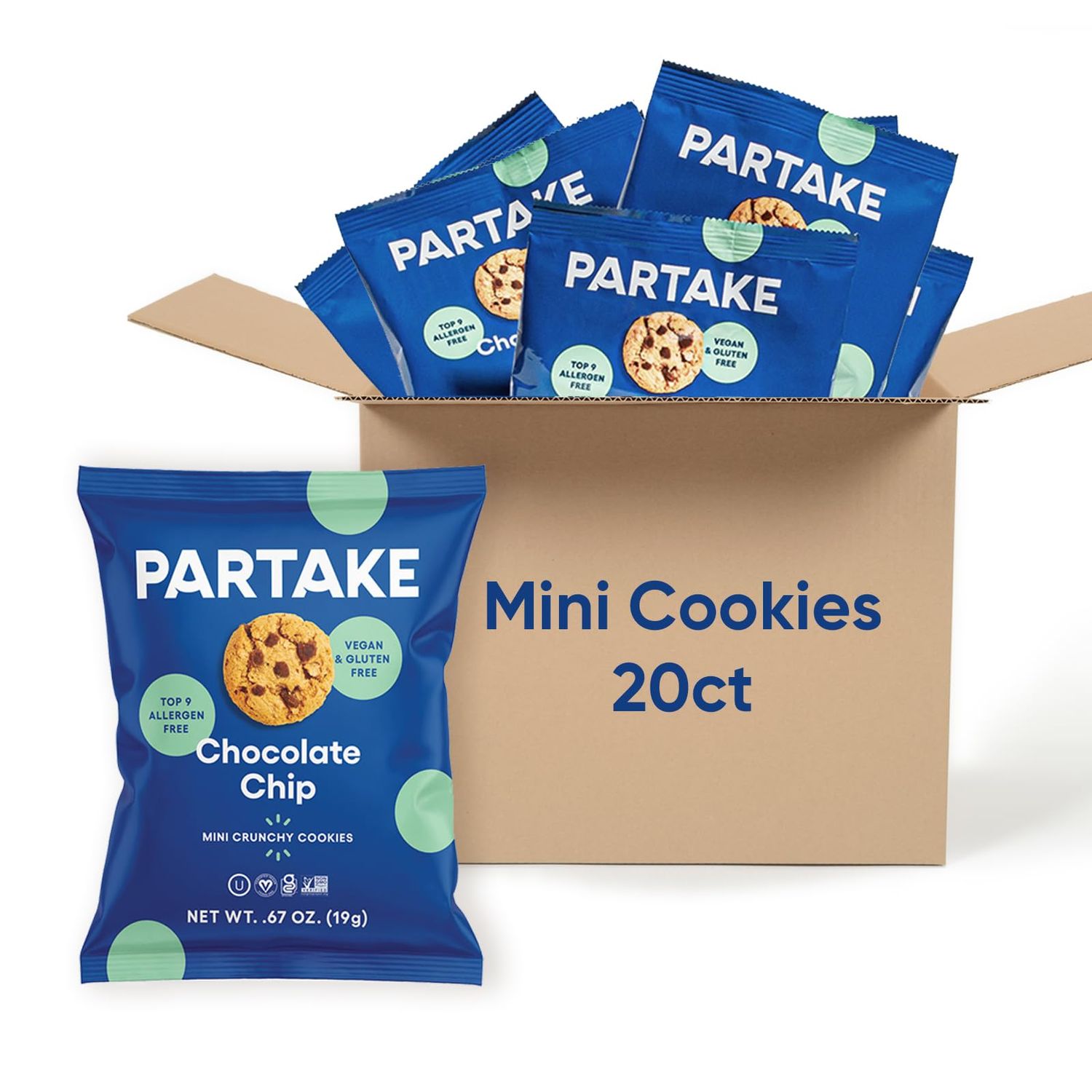 Gluten Free Crunchy Chocolate Chip Mini Cookie Snack Packs by Partake Vegan, Peanut Free, Egg Free, Wheat Free, Soy Free Allergy Friendly Cookies Safe for School and Office Snack - 20 Packs
