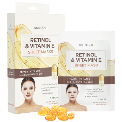 Skin 2.0 Retinol &amp; Vitamin E Sheet Mask - Anti-Aging, Acne Scar &amp; Hyperpigmentation - Hydrating, Dermatologist Tested Korean Skincare - Clean Beauty, Cruelty-Free, All Skin Types - 5 Masks