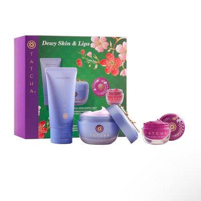 Tatcha Dewy Skin &amp; Lips Hydrating Ritual Set, Travel Rice Wash, Full Size Dewy Skin Cream, Wisteria Lip Mask 119 Value