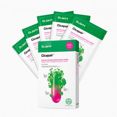 Dr.Jart Cicapair Sensitive Skin Serum Face Mask for Redness with Centella Asiatica Sheet Mask Korean Skin Care, 5 Pack