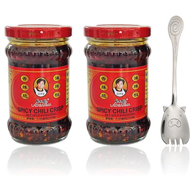 Lao Gan Ma Spicy Chili Crisp Sauce ????????? Roasted Sichuan Pepper Flakes in Hot Chile Oil - Chinese Condiment Topping 7.41oz 210g 2 jars 1 Cute Pig Tail Spoon Spork by Twin Fortune Foods
