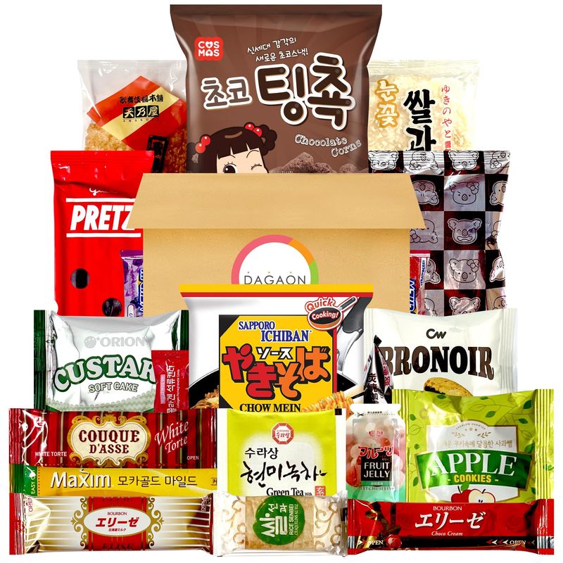 Dagaon Korean Japanese Snack Box 20 Count - Collection of Snacks Including Ramen, Biscuits, Cookies, Pies, Crackers, Chips, Candies and Much More from Japan and Korea. Dagashi Assortments Set.
