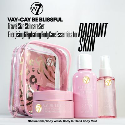 W7 VAY-CAY Be Blissful - Travel Size Skincare Set Carry On Luggage Essentials: Shower Gel & Body Wash, Body Butter & Body Mist Energizing & Hydrating Body Care for Glowing Skin
