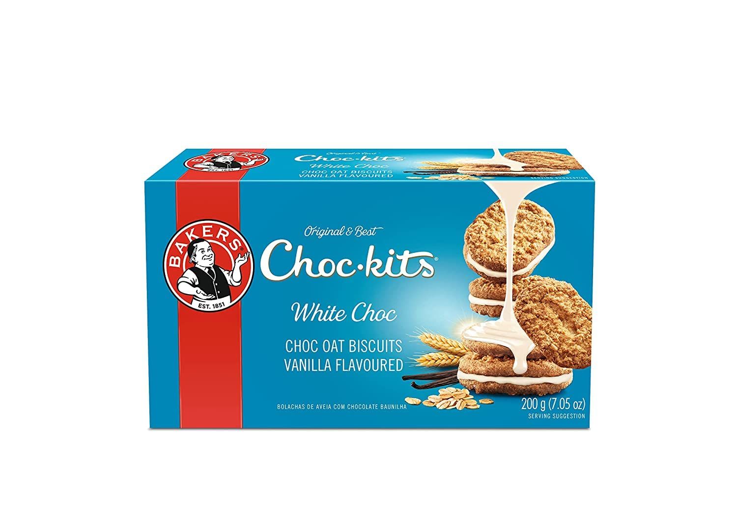 Baker&#39;s Choc-kits Crunchy Oat BiscuitsCookie White Chocolate Pack of 2 16 - 20 Cookies a Box Kosher Halal Real Chocolate Finest Ingredients 16oz
