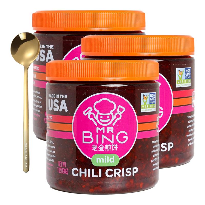 Mr Bing Chili Crisp Mild, 7 Oz - Flavorful &amp; Crunchy Chili Crisp Oil Bundled With Golden Ss Spoon - Non-Gmo Artisanal Chili Crisp Crunch Paste Hot Sauce, Gluten-Free, No Msg Pack Of 3
