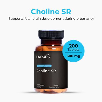 Endurance Products Choline Bitartrate Sustained Release - 300mg 200 Tablet - Promotes Brain Health, Mental Focus & Memory - Prenatal Supplement for Development & Growth - 100 Vegan & Non-GMO Co.