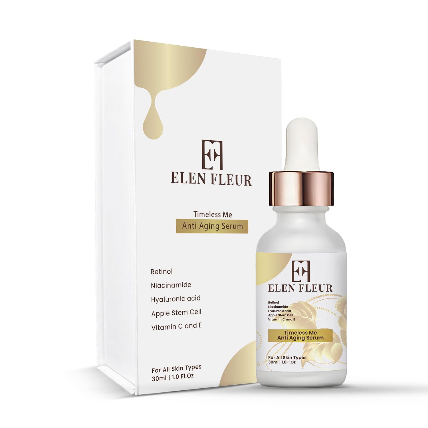 Elen Fleur Timeless Me Anti Aging Serum, Retinol, Hyaluronic Acid, Niacinamide, Vitamin C &amp; E, Apple Stem Cells, Hydrating Face Serum for Fine Lines and Uneven Tone, 1.0 FL Oz 30ml