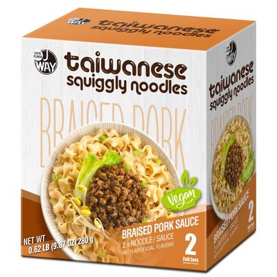J WAY Instant Taiwan Squiggly Noodles with Pork Sauce, 4.23 Ounce Pack of 2 Air-Dried Vegan Chinese Asian Knife Cut Noodles, 17g High Protein Ready to Eat Top Noodles