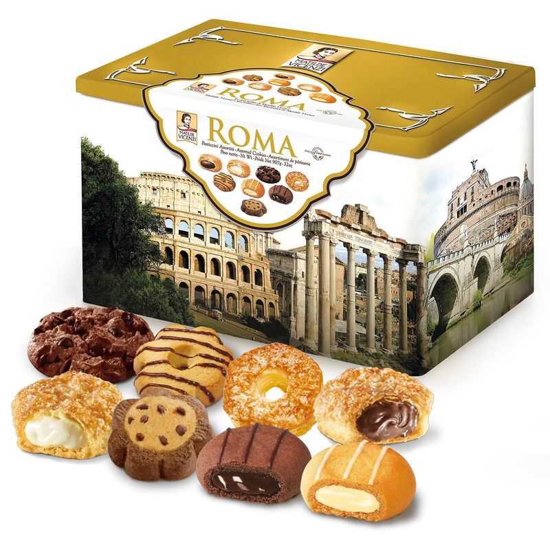 Matilde Vicenzi Roma Cookie Tin - Italian Pastries &amp; Bakery Cookies in Individually Wrapped Trays - Bakery Dessert Gifts - Puff Pastry, Assorted Cookies in Italian Design Gift Tin 32oz 907g