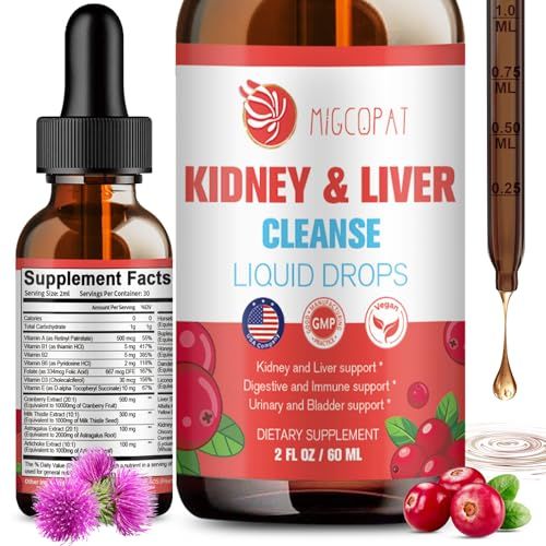 Kidney and Liver Cleanse Detox &amp; Repair Drops, Cranberry and Milk Thistle Supplement with Artichoke, Astragalus, Horsetail - Natural Herbal for Liver, Kidney, Urinary Tract, Bladder, 60ml