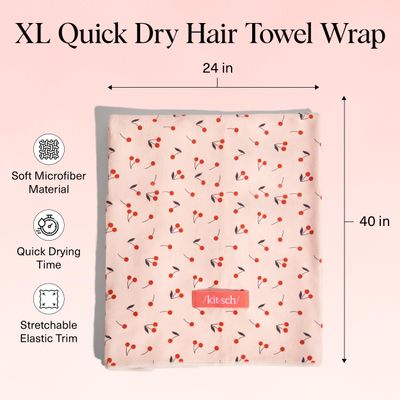 Kitsch XL Microfiber Hair Towel Wrap for Women - Microfiber Towel, Super Absorbent, Quick Dry, Anti-Frizz - for Long and Short Hairs, Turbans for Women, Wet and Curly Hair Wrap - Cherry Print