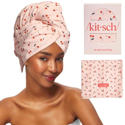 Kitsch XL Microfiber Hair Towel Wrap for Women - Microfiber Towel, Super Absorbent, Quick Dry, Anti-Frizz - for Long and Short Hairs, Turbans for Women, Wet and Curly Hair Wrap - Cherry Print