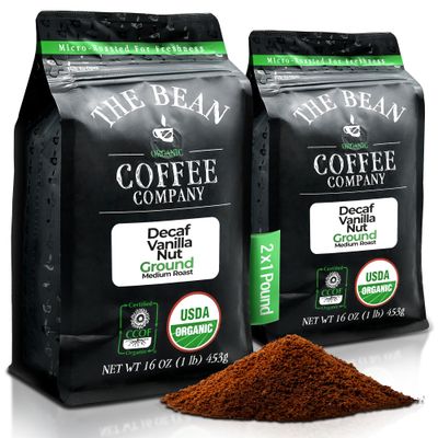 The Bean Organic Coffee Company Water Processed DECAF Vanilla Nut, Medium Roast, Ground Coffee, 16-Ounce Bags Pack of 2, Cafe Molido Tostado Organico descafeinado