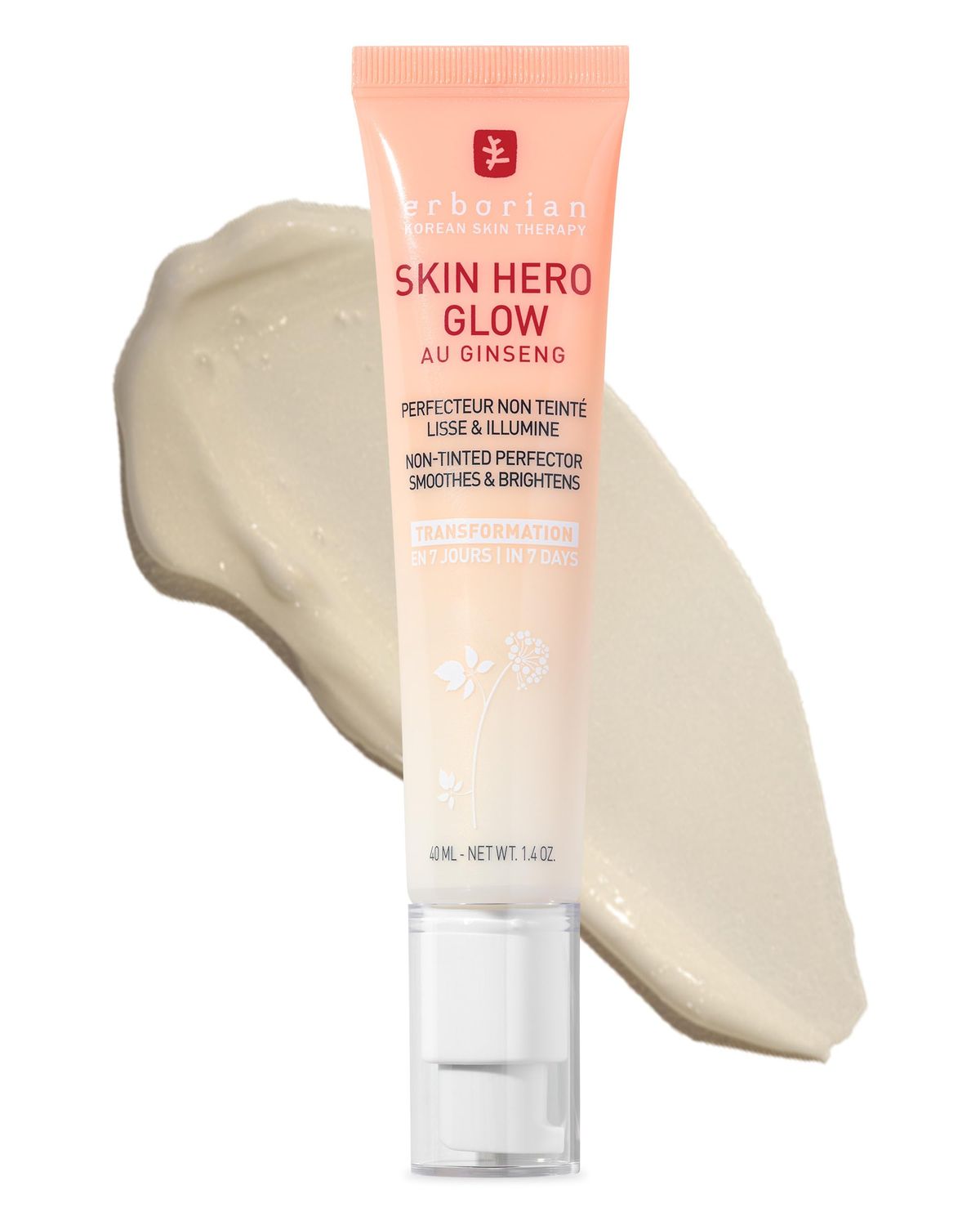 Erborian Skin Hero Glow, Non Tinted Korean Bare Skin Perfector Face - Korean Skincare with Ginseng Extract &amp; Hyaluronic Acid - Facial Cream Hydrates &amp; Smooths - Glass-Skin Finish 40 ml