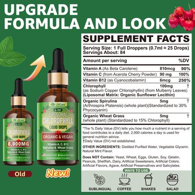 Organic Chlorophyll Liquid Drops Liposomal for Women &amp; Men, 6-in-1 Greens Superfood Vegan Chlorophyll wSpirulina, Wheat Grass, Vitamin C B12 A for Internal Deodorant, Energy,Digestive,2Packs4 Fl Oz