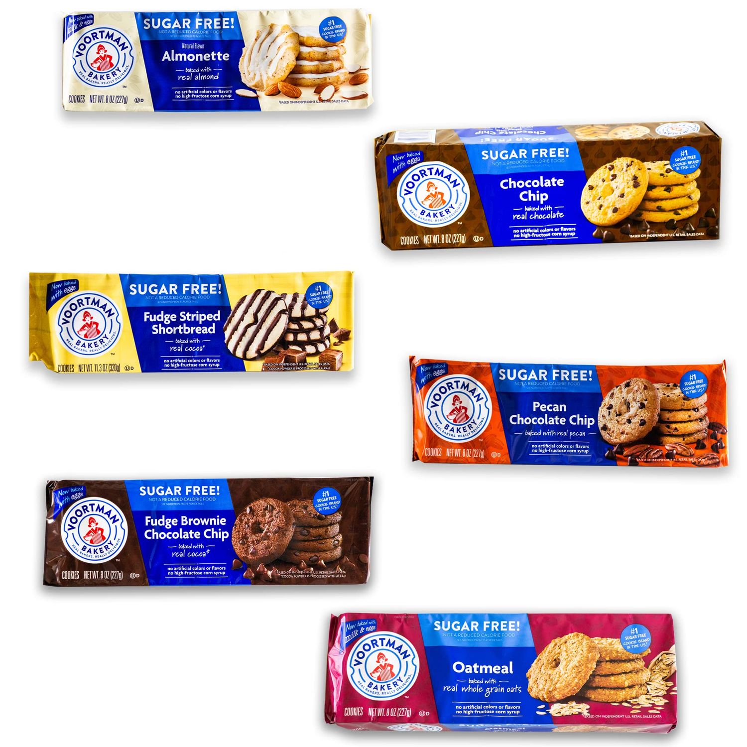 Voortman Sugar Free Cookies - Variety Pack - Chocolate Chip - Fudge Brownie - Fudge Shortbread - Pecan Chocolate Chip - Iced Almonette - Oatmeal - 6 Packs