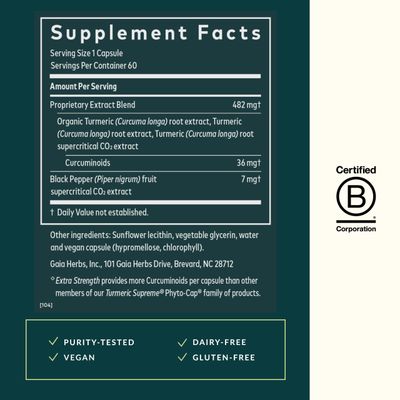 Gaia Herbs Turmeric Supreme Extra Strength - Supports Occasional Swelling from Normal Wear & Tear - with Turmeric Curcumin & Black Pepper - 60 Vegan Liquid Phyto-Capsules Up to 60-Day Supply