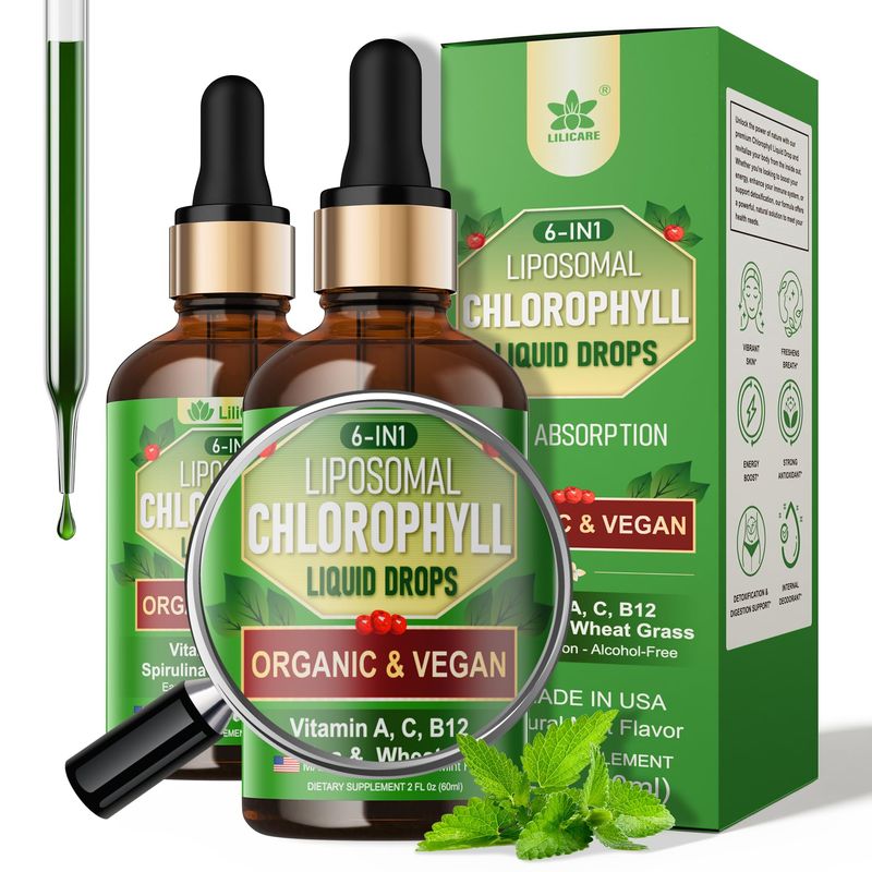 Organic Chlorophyll Liquid Drops Liposomal for Women &amp; Men, 6-in-1 Greens Superfood Vegan Chlorophyll wSpirulina, Wheat Grass, Vitamin C B12 A for Internal Deodorant, Energy,Digestive,2Packs4 Fl Oz