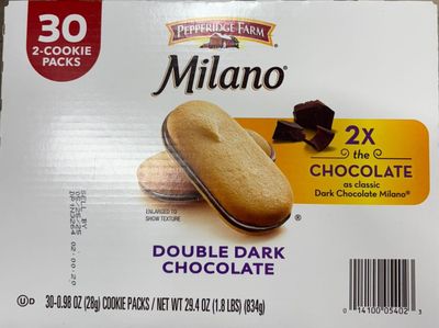 Milano, Cookies, Double Dark Chocolate, 29.4 oz, Multi-pack, 30 count - 0.98 OZ 28g Cookie Packs