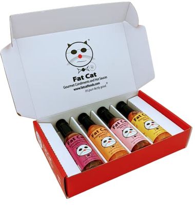 Mild Heat Natural Hot Sauce Four Bottle Gift Box Variety Pack Bundle by Fat Cat Gourmet Mild to Medium Heat Sampler Gift Set All Natural Food Friendly Flavor Forward Gluten Free