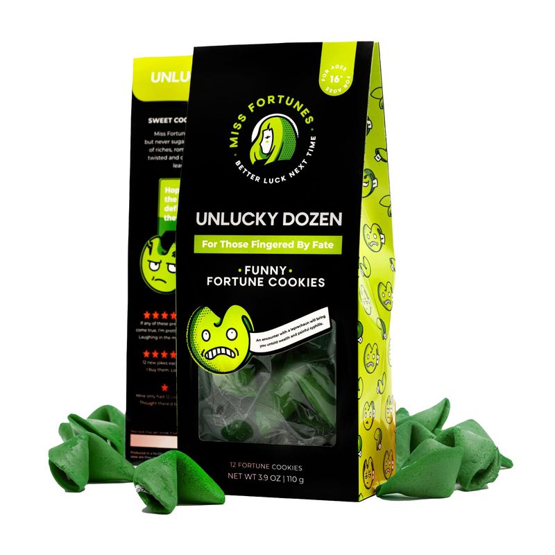 Miss Fortunes, Funny Fortune Cookies, The Unlucky Dozen, For Those Who Have Been Finger'd By Fate! Written by Professional Comedy Writers Box of 12 Individually Wrapped Green Fortune Cookies