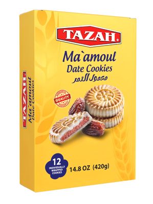 Tazah Maamoul Cookies Date Snack 100 Natural Date Filled Shortbread Date Cookies - 12 Count Individually Wrapped Mamoul