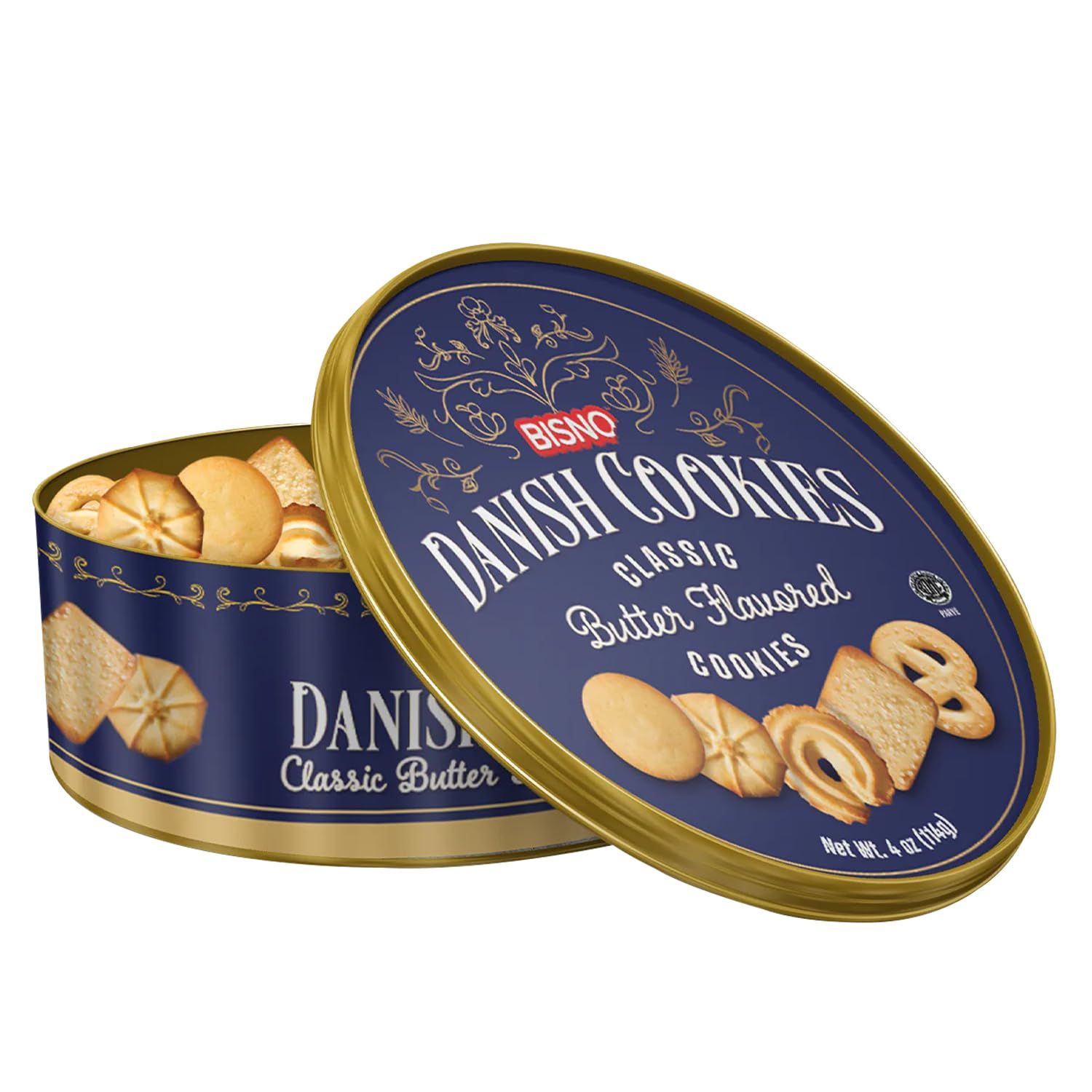 Bisno Danish Butter Cookies Tins, Kosher - Pack of 3, Delightful Assorted Shapes, Perfect for Gift Giving, Holiday Treats, and Sharing - 4oz, Mini Size, Ideal Holiday Cookies for Gifting