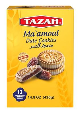 Tazah Maamoul Cookies Date Snack 100 Natural Date Filled Shortbread Date Cookies - 12 Count Individually Wrapped Mamoul