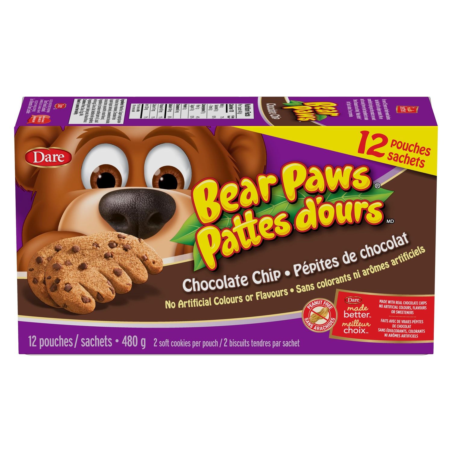 Dare Bear Paws, Chocolate Chip Soft Cookies, 480g16.9 oz., x 12 Pouches, Family Pack, Peanut Free Imported from Canada