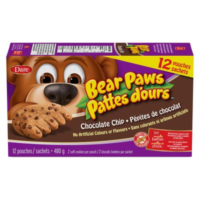 Dare Bear Paws, Chocolate Chip Soft Cookies, 480g16.9 oz., x 12 Pouches, Family Pack, Peanut Free Imported from Canada