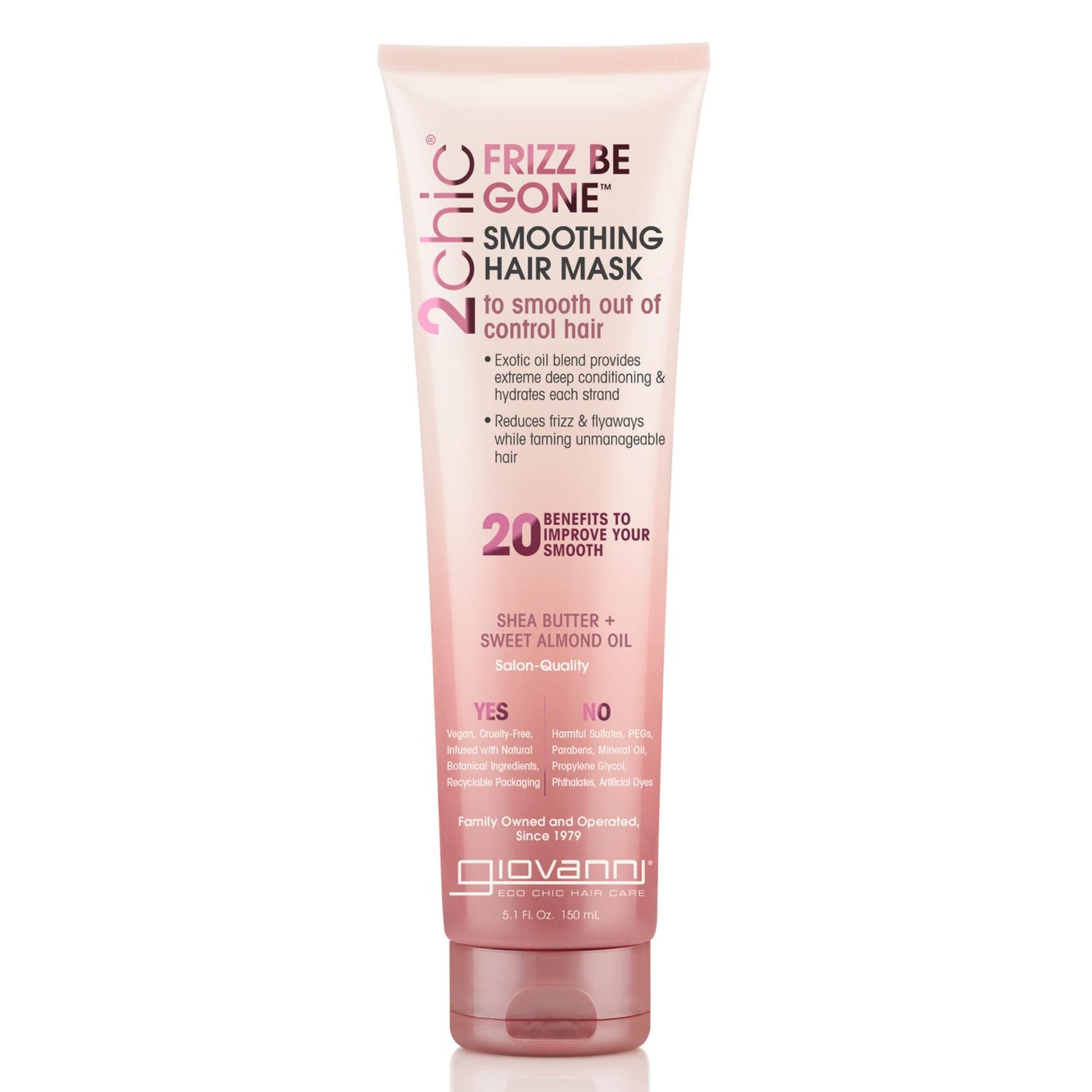 GIOVANNI Frizz Be Gone Smoothing Hair Mask - Natural Hair Smoothing Formula with Shea Butter &amp; Sweet Almond Oil, Macadamia, Color Safe, Vegan, 2chic - 5.1 oz