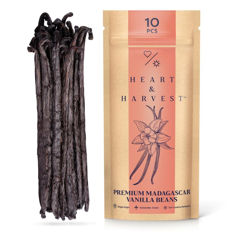 Heart &amp; Harvest Madagascar Vanilla Pods Grade A, 5-6 Length, Set of 10 Whole Vanilla Beans Perfect for Creating Pure Vanilla Powder &amp; Extract Pack of 10
