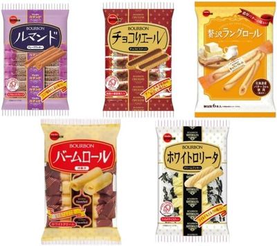 Generic Assortment: Bourbon Cookies &amp; Biscuits Popular 5-item Set Lumand, Chocoliere, Zeitaku Langroll, Baumroll, White Lolita 1 bag each, total 5 bags