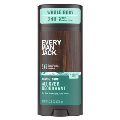 Every Man Jack All Over Deodorant - 24 Hour Whole Body Odor Protection - Aluminum Free - Coastal Surf Scent 2.6 oz 1 Pack