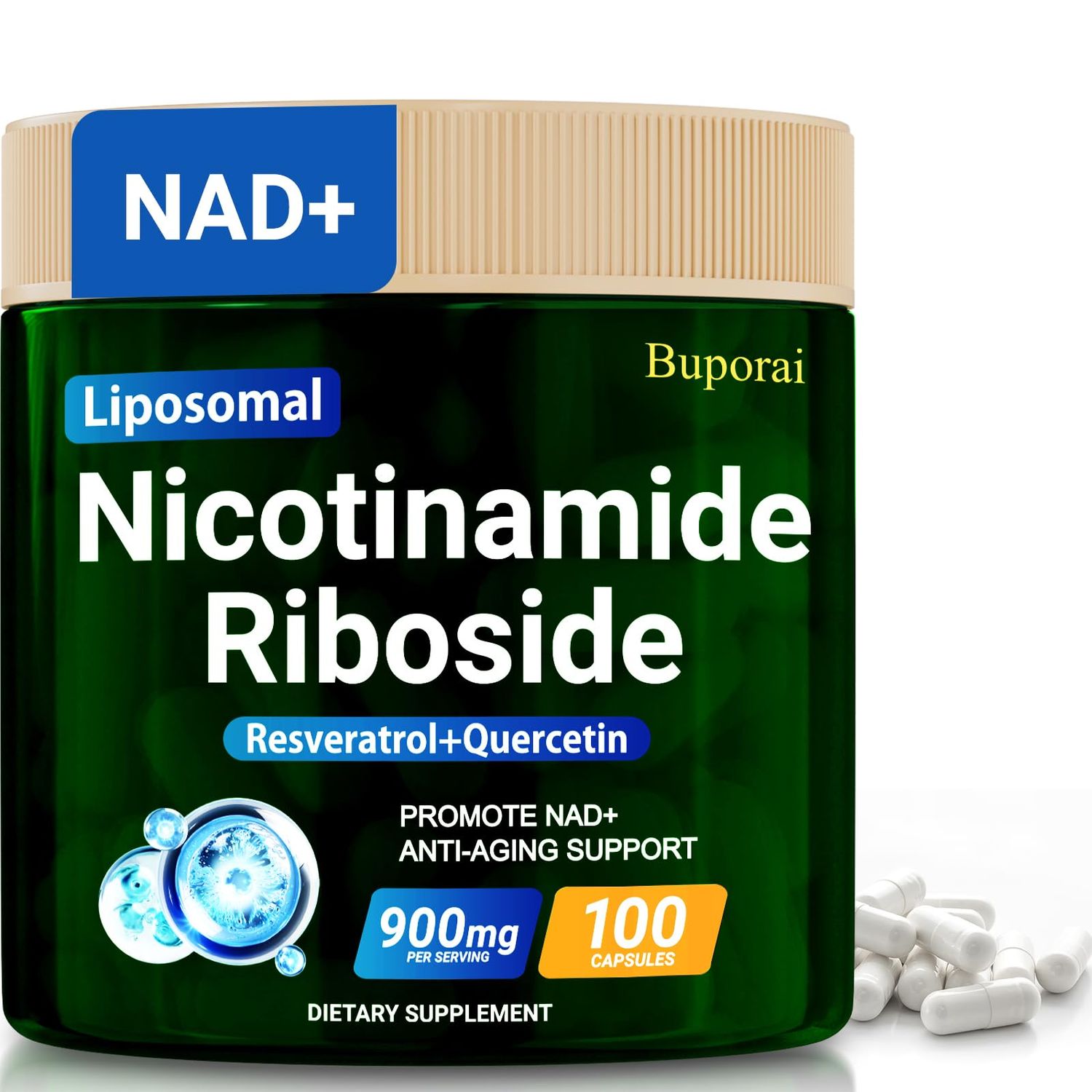 Buporai NAD Supplement, Nicotinamide Riboside 900mg with Resveratrol &amp; Quercetin, NMN Supplement Alternative for Anti-Aging, Energy-100 Capsules