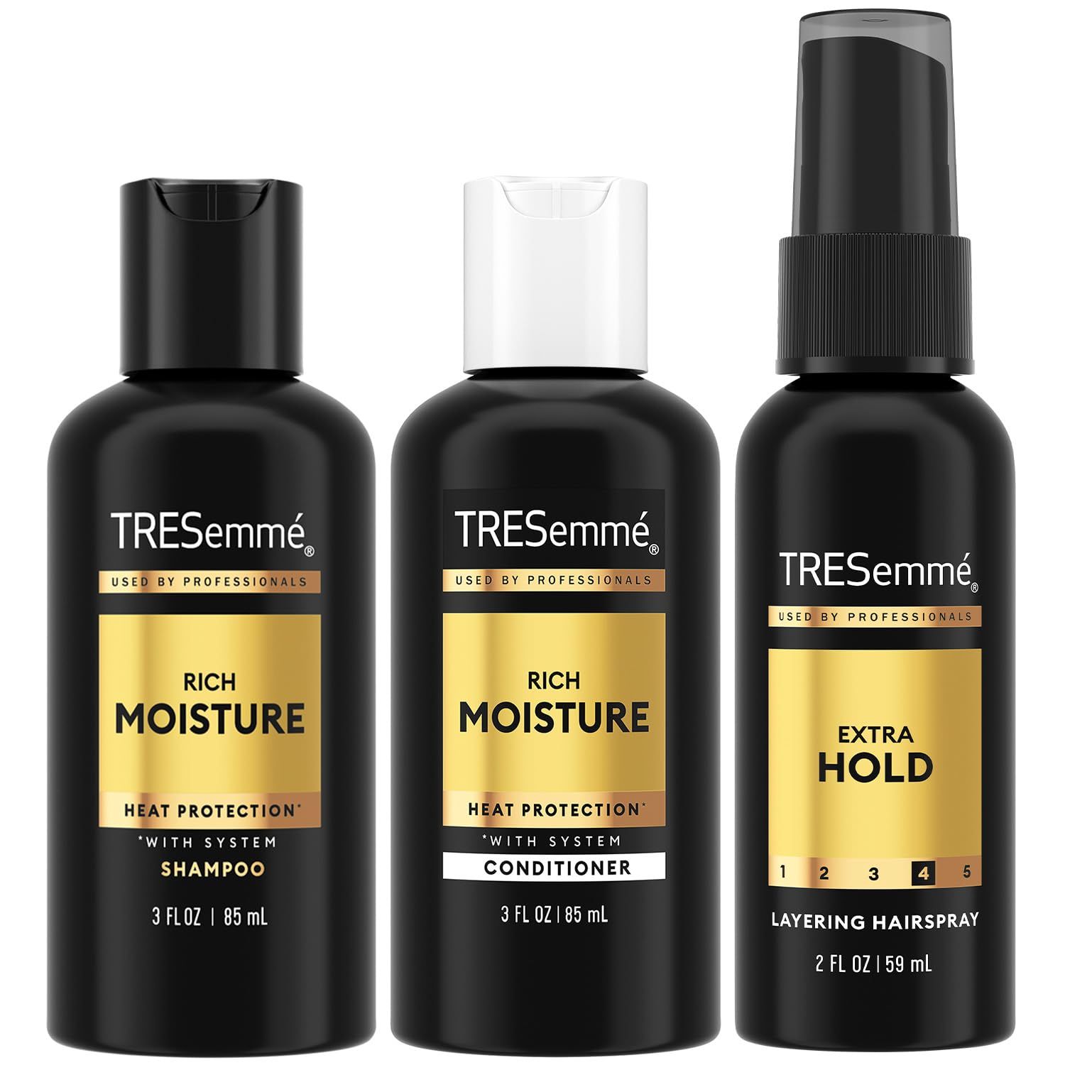 TRESemme Travel Shampoo, Conditioner &amp; Hairspray - Rich Moisture Hair Products Non-Aerosol Hair Spray, 24H Frizz Control 3 Piece Set