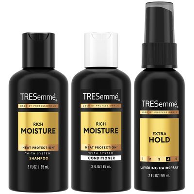 TRESemme Travel Shampoo, Conditioner &amp; Hairspray - Rich Moisture Hair Products Non-Aerosol Hair Spray, 24H Frizz Control 3 Piece Set