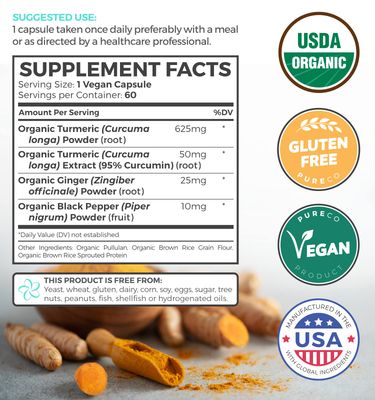 USDA Organic Turmeric Curcumin with Black Pepper and Ginger 2 Month Supply Joint Support Supplement with Tumeric and Ginger Root Powder - Organic Turmeric Supplement - 60 Vegan Capsules No Pills